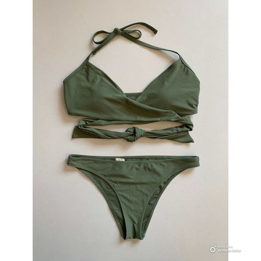 Aerie Green Bikini Set Wrap Style Halter Top + Cheekier Bottom Size Large